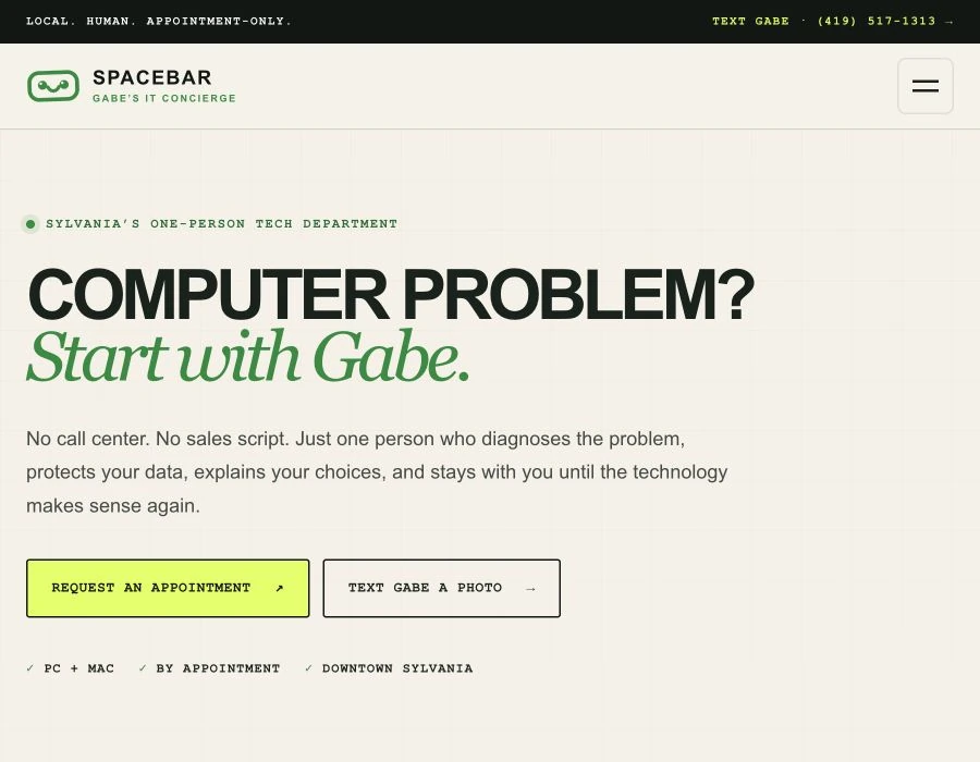 Homepage of the current Spacebar website, captured in 2026